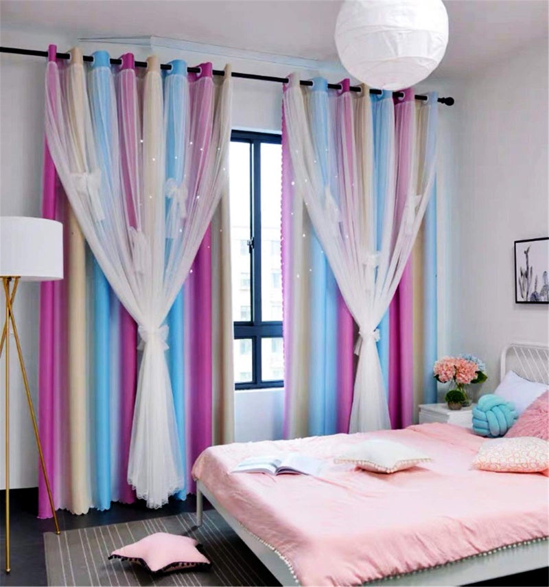 Yancorp Curtains for Girls Bedroom Kids Room Curtain Colorful Window Nursery Curtain 96 inches Length Room Darkening Grommet 2 Layers (Pink Blue, W52 X L96) - Image 1